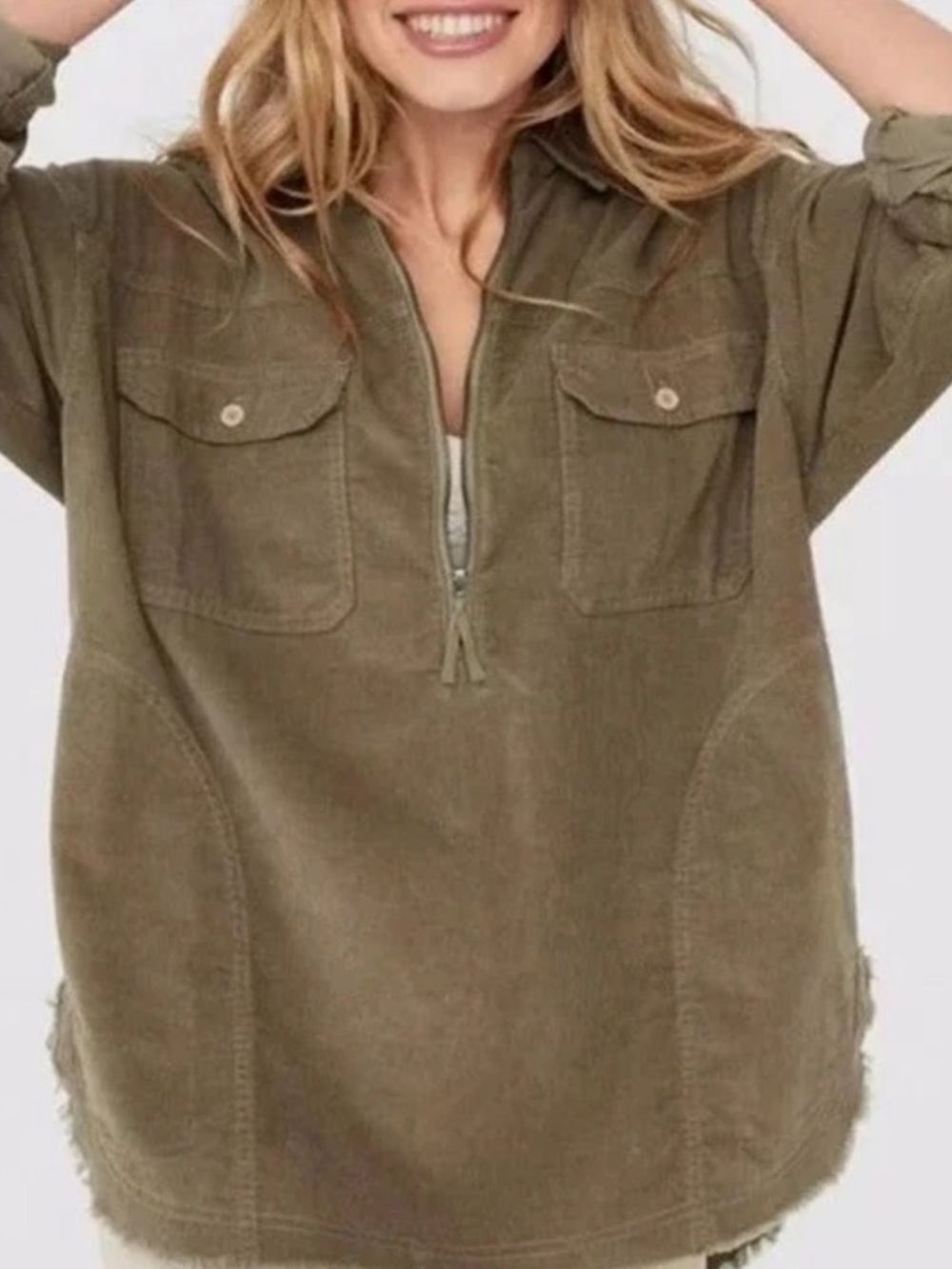 OFFLINE S Bunker Olive Corduroy Pop Over Quarter Zip Cotton Shacket - Picture 3 of 10